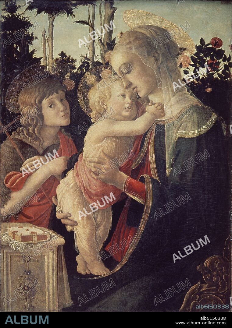 SANDRO BOTTICELLI. VIRGEN CON EL NIÑO Y SAN JUAN - SIGLO XV - RENACIMIENTO ITALIANO.