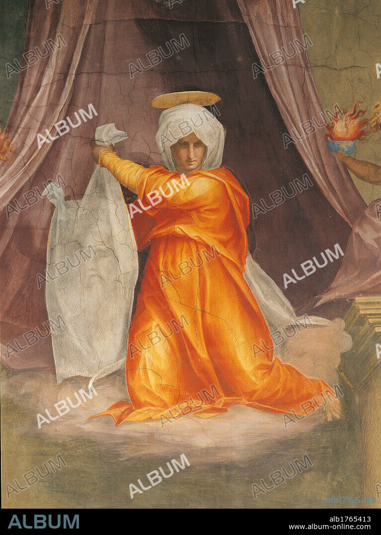 Santa Maria Novella decoration of the Cappella del Papa (Popes Chapel), by Jacopo Carrucci know as Pontormo, 1515 about, 16th Century, fresco, cm 307 x 413. Italy, Tuscany, Florence, Santa Maria Novella Basilica, Cappella del Papa (Popes Chapel). Detail Saint St Veronica orange lilac turban cloth veil.