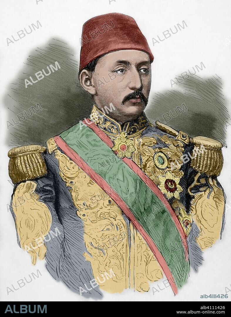 Murat V o Murad V (Constantinopla, 1840-Constantinopla, 1904). Sultán del Imperio otomano que reinó 93 días, del 30 de mayo al 31 de agosto de 1876. Depuesto a causa de una enfermedad mental. Grabado. La Ilustración Española y Americana, 15 de junio de 1876. Coloreado.