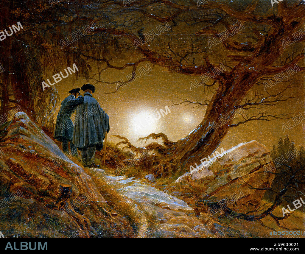 CASPAR DAVID FRIEDRICH. 'Two Men Contemplating the Moon', c1825-1830. New Moon with earthshine, a phenomenon described by Samuel Taylor Coleridge as The New Moon with the Old Moon in her arms. From the collection of the Nationalgalerie, Berlin.