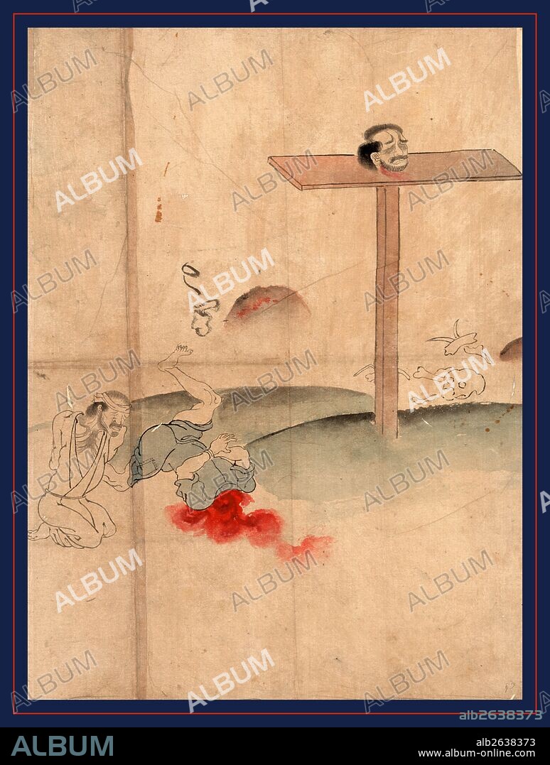 Sarasikubi no zu, Beheading., [between 1800 and 1868], 1 drawing : ink and color over underdrawing ; 38 x 27.9 cm., Drawing shows a head resting on a small platform on a post and a body sprawled on the ground, with blood gushing from the neck; a bound prisoner kneels nearby.