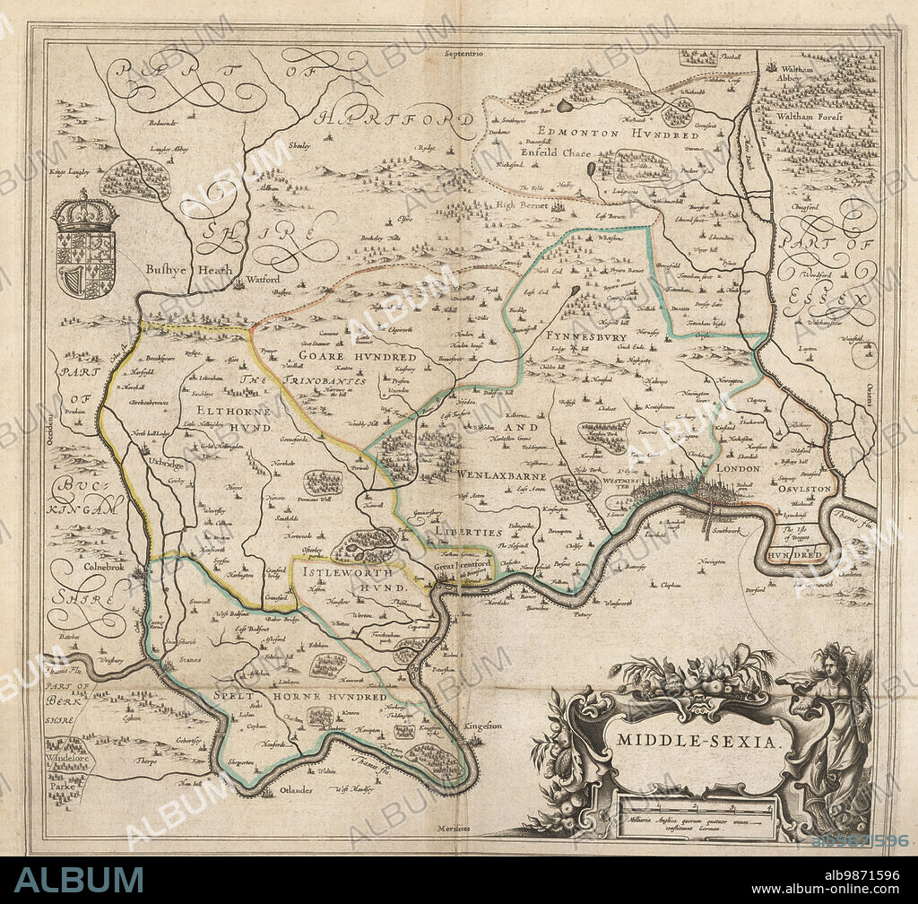 Map of the city of London and county of Middlesex, circa 1600. London shown as clutch of churches, surrounded by parishes Kensington, Chelsey, St. Gylles, Lambeth, Southwork, Hampton Court, on the River Thames, Hyde Park and Marybon Park. With title Middle-Sexia in cartouche and coat of arms. Handcoloured copperplate engraving by Johannes Blaeu from Geographiae Volumen Quintum quo Angliae, county atlas of England and Wales, Amsterdam, 1662.
