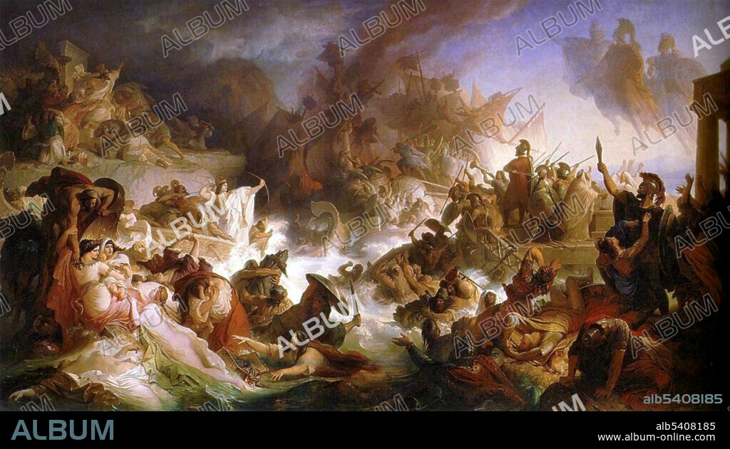 The Battle of Salamis was a naval battle fought between an alliance of Greek city-states under Themistocles, and the Persian Empire under King Xerxes in 480 BC. It resulted in a decisive victory for the outnumbered Greeks. The battle was fought in the straits between the mainland and Salamis, an island in the Saronic Gulf near Athens. In the cramped conditions of the Straits, the great Persian numbers were an active hindrance, as ships struggled to maneuver and became disorganized. Seizing the opportunity, the Greek fleet formed in line and scored a decisive victory. Oil on canvas by Wilhelm von Kaulbach (cropped and cleaned).