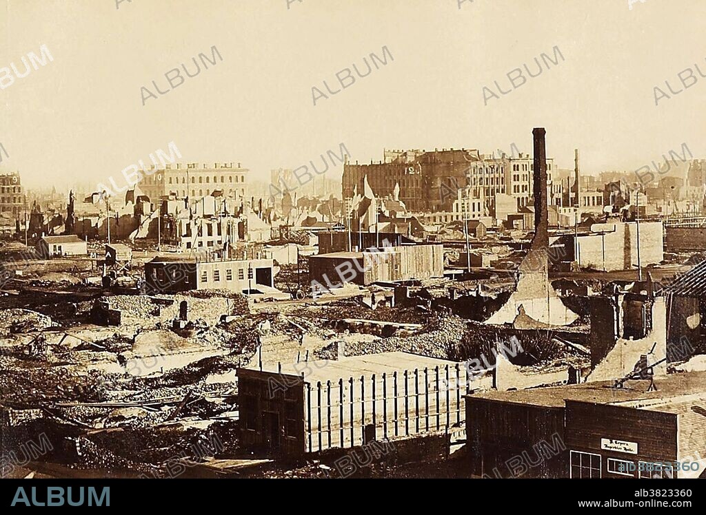 The aftermath of the Great Chicago Fire, 1871. Photograph attributed to George N. Barnard (1819 - 1902, American). On the evening of October 8, 1871, just after nine o'clock, a fire broke out in the barn behind the home of Patrick and Catherine O'Leary at 13 DeKoven Street. How the fire started is still unknown today; an O'Leary cow often gets the credit. Firefighters were initially sent to the wrong neighborhood so when they finally arrived at the O'Leary's, they found the fire raging out of control. The blaze quickly spread, burning for two days, and only dying out once rain began to fall. At least 300 people were dead,100,000 people were homeless, and $200 million worth of property was destroyed. The entire central business district of Chicago was leveled. The fire was one of the most spectacular events of the nineteenth century, and it is recognized as a major milestone in the city's history.