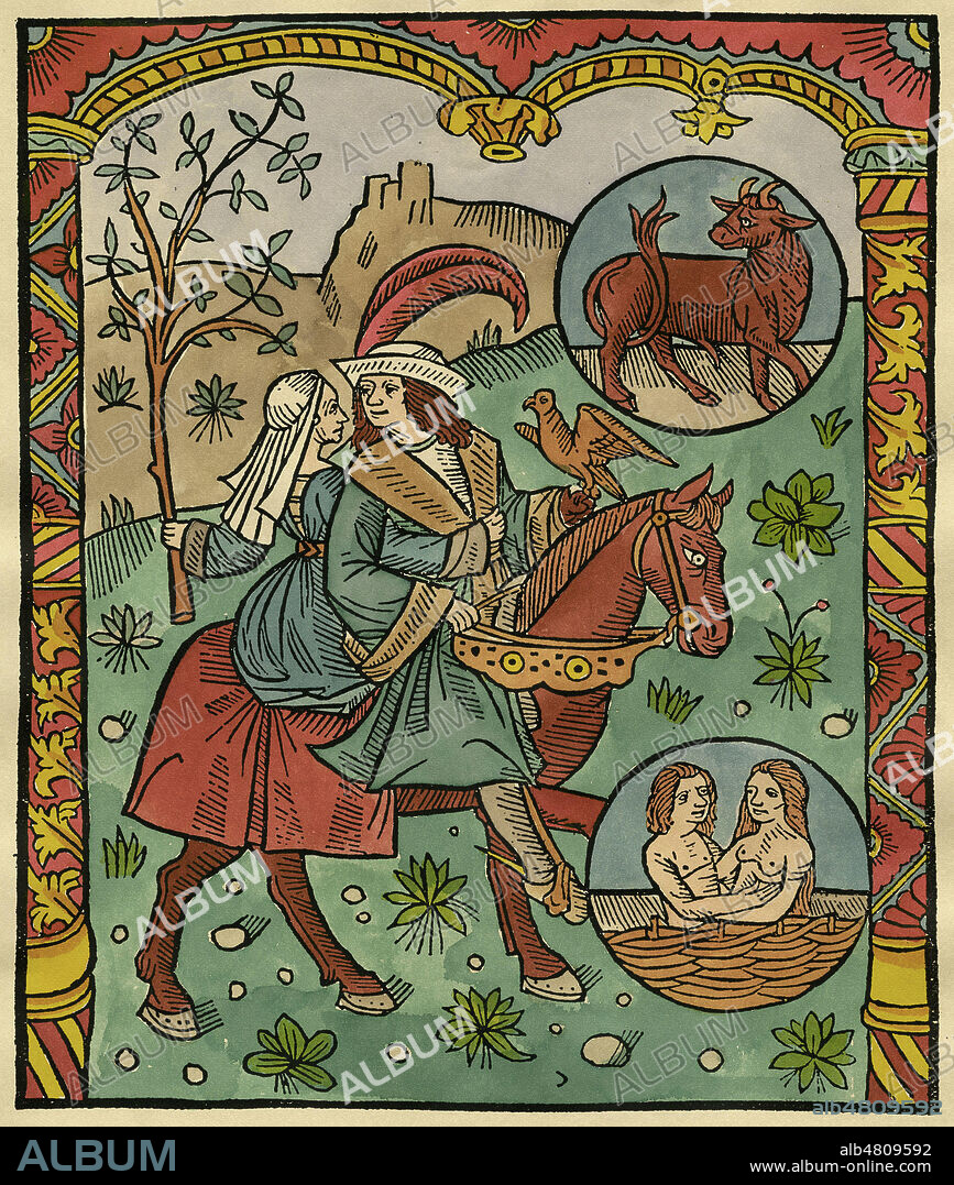 Vie au Moyen-Age: Couple sur un cheval, la femme tient dans sa main un Arbre de Mai, Le mois de MAI dans le calendrier des bergers, vers 1500. Gravure sur bois mise en couleur par nos soins, d'apres Le Grand Calendrier et Compost des Bergers vec leur astrologie et plusieurs aultres choses, imprime a Troyes par Nicolas Le Rouge . Credit Collection Kharbine Tapabor.