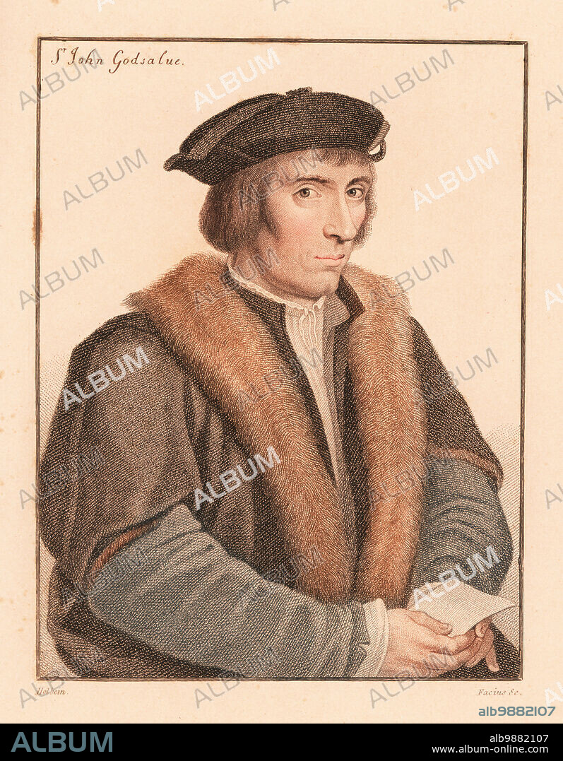 Sir John Godsalve, English politician, courtier to King Henry VIII, Comptroller of the Mint to King Edward VI, died 1557. Sir John Godsalue. Handcoloured copperplate stipple engraving by George Sigmund Facius after a portrait by Hans Holbein the Younger printed on pink paper from Imitations of Original Drawings by Hans Holbein, John Chamberlaine, London, 1812.