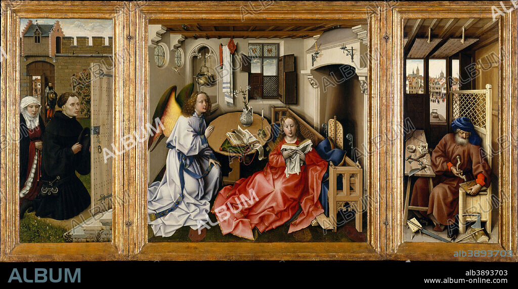 ROBERT CAMPIN. The Annunciation (Mérode Altarpiece). Date/Period: Between ca. 1427 and ca. 1432. Triptych / reredos / altarpiece / panel painting. Oil on oak. Overall: Height: 64.5 cm (25.3 in); Width: 117.8 cm (46.3 in) / central panel: 64.1 × 63.2 cm (25.2 × 24.8 in) / Left and right panels: 64.5 × 27.3 cm (25.3 × 10.7 in).