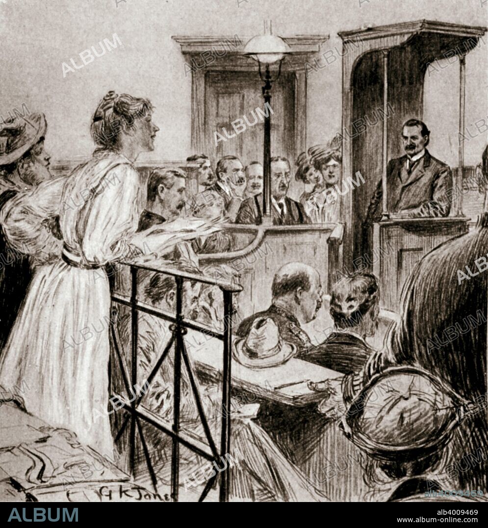 Christabel Pankhurst, British suffragette, questioning Herbert Gladstone in court, London, 1908. Gladstone (1856-1915), Home Secretary at the time, was called as a witness in the trial of Christabel (1880-1915) and other leading suffragettes for their part in inciting the public to 'rush' the House of Commons in support of the campaign for votes for women.