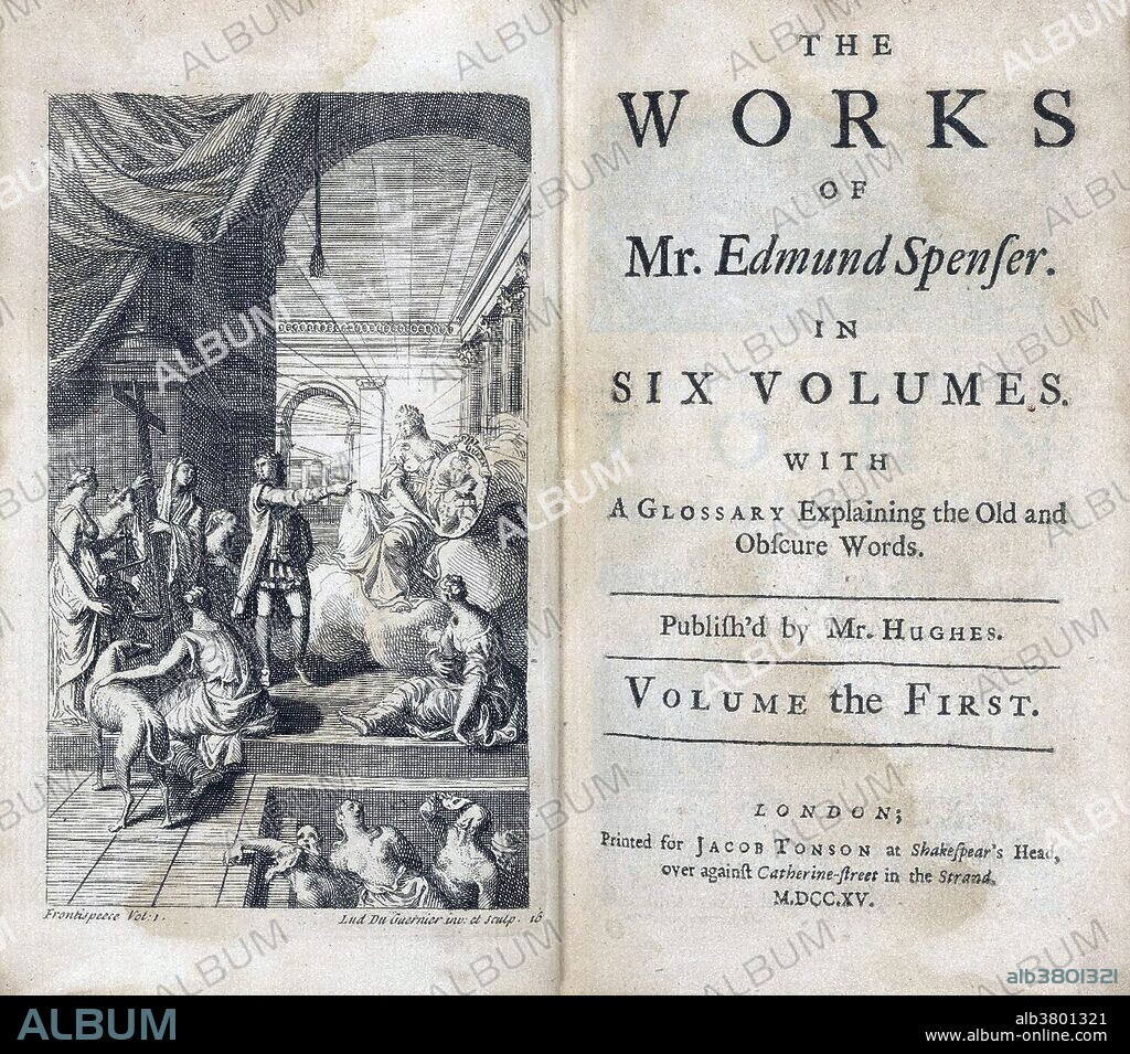 Entitled: "The works of Mr. Edmund Spenser. In six volumes. With a glossary explaining the old and obscure words. Publish'd by Mr. Hughes, 1715. Edmund Spenser (1552 or 1553 - January 13, 1599) was an English poet best known for The Faerie Queene, an epic poem and fantastical allegory celebrating the Tudor dynasty and Elizabeth I. He is recognized as one of the premier craftsmen of Modern English verse in its infancy, and is often considered one of the greatest poets in the English language. He published numerous relatively short poems in the last decade of the 16th century, almost all of which consider love or sorrow. In 1591, he published Complaints, a collection of poems that express complaints in mournful or mocking tones. In 1595, he published Amoretti and Epithalamion. This volume contains 89 sonnets commemorating his courtship of Elizabeth Boyle. His castle at Kilcolman was burned, one of his infant children may have died in the blaze. He died in 1599 at the age of 46. His coffin was carried to his grave in Westminster Abbey by other poets, who threw many pens and pieces of poetry into his grave with many tears.