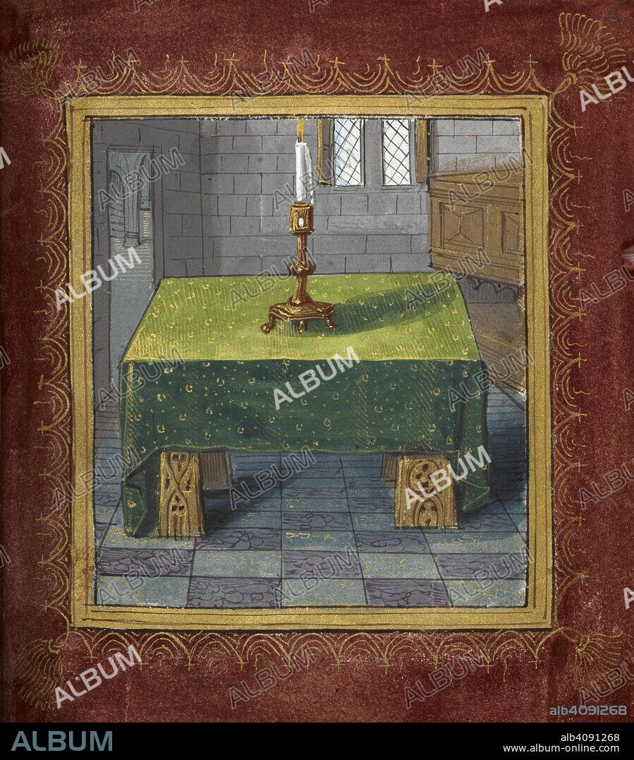 PIERRE SALA. A table with a burning candle. . Petit Livre d'Amour ( Emblesmes et Devises d'Amour ); (A collection of love poems and â€˜Ã©nigmesâ€™.). c 1500- c 1505. Source: Stowe 955, f.8.