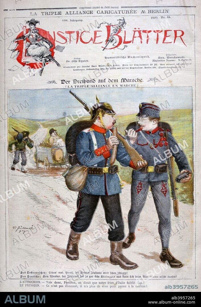 A caricature of the Triple Alliance in 'Lustige Blatter' magazine, 1893. The Triple Alliance was a military alliance between Germany, Austria-Hungary, and Italy that lasted from 1882 until the start of World War I in 1914. A print from the Le Petit Journal.