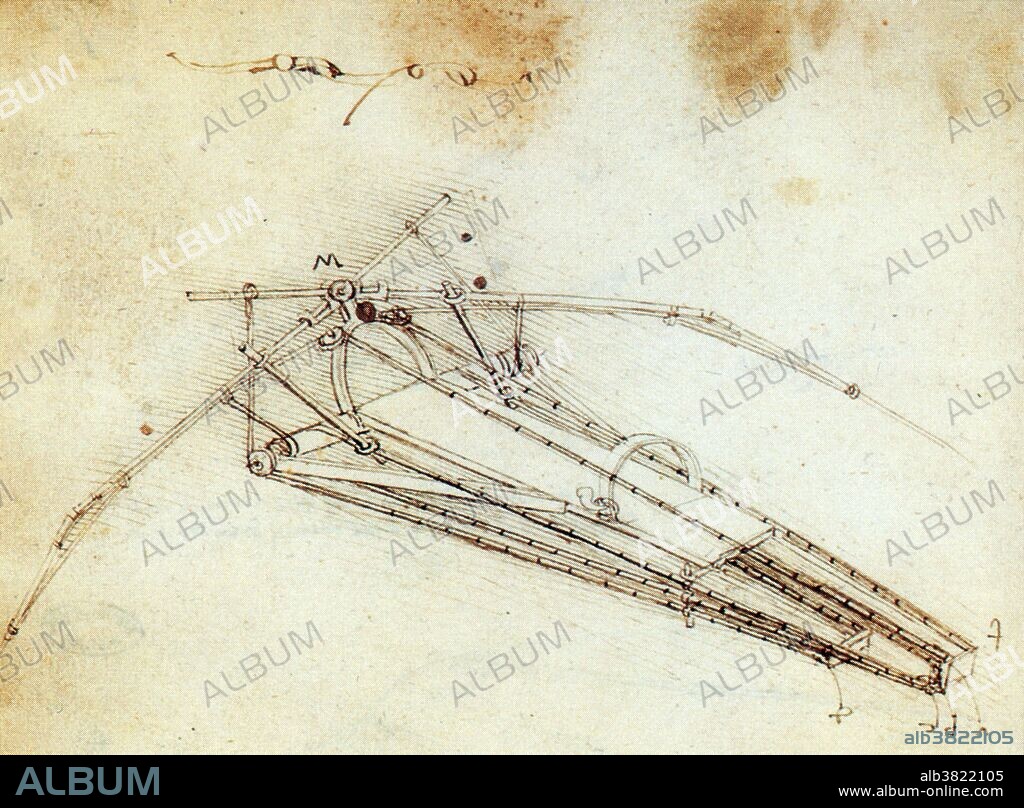 Central framework of Da Vinci's human-powered ornithopter, circa 1485. Da Vinci began to study the flight of birds. He grasped that humans are too heavy, and not strong enough, to fly using wings simply attached to the arms. He conceived of a device in which the aviator lies down on a plank and works two large, membranous wings using hand levers, foot pedals, and a system of pulleys. Leonardo di ser Piero da Vinci (April 15, 1452 - May 2, 1519) was an Italian Renaissance polymath: painter, sculptor, architect, musician, mathematician, engineer, inventor, anatomist, geologist, cartographer, botanist, and writer. He has often been described as the archetype of the Renaissance Man ,one of the greatest painters of all time and perhaps the most diversely talented person ever to have lived.