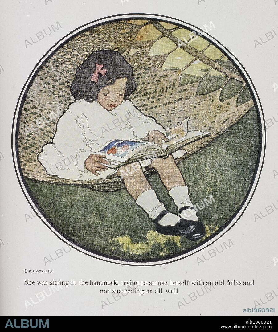 JESSIE WILLCOX SMITH and ANNA ALICE CHAPIN. She was sitting in the hammock, trying to amuse herself with an old Atlas and not succeeding at all well. The Everyday Fairy Book... G. G. Harrap & Co.: London, 1917. Source: 12802.d.3, opposite page 68. Language: English.
