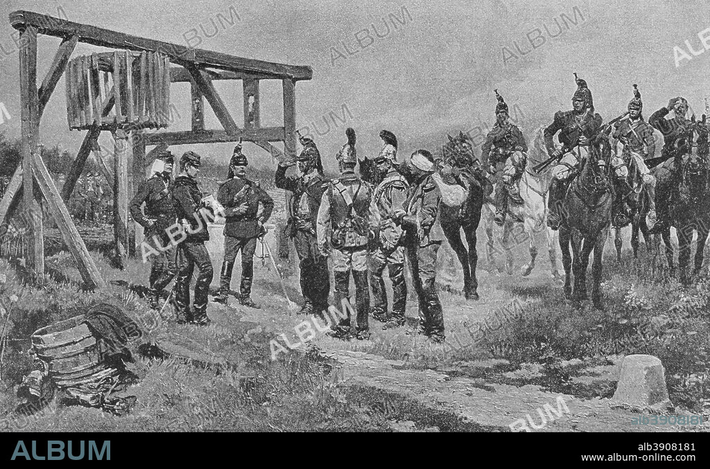 Guerra Franco-Prusiana (1870-1871). Regreso de un reconocimiento. Grabado. Original por Edouard Detaille (1848-1912). En Campagne, por Jules Richard. Obra editada en París en 1885. Biblioteca Histórico Militar de Barcelona. Cataluña. España.