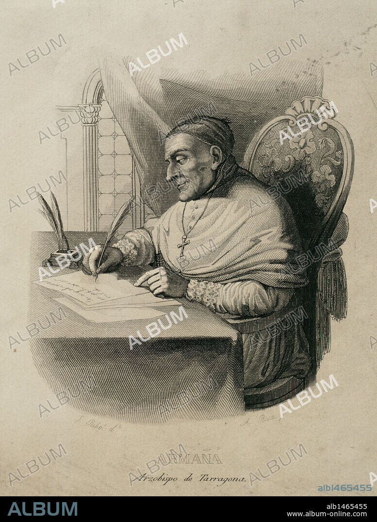 ARMAÑA I FONT, Francisco (Vilanova i La Geltrú, 1718-Tarragona, 1803). Eclesiástico y teólogo. Obispo de Lugo en 1768 y Arzobispo de Tarragona de 1785 a 1803. Grabado de A. Roca según un dibujo de Ribó.