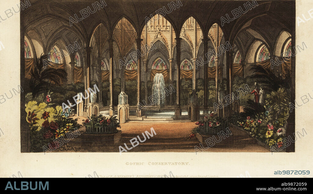 Gothic conservatory, Regency era. A soldier in uniform and a lady walk in an extraordinary botanical garden with a circle of high-arched columns around a central fountain and pond, surrounded by stained glass window and curtain drapes. The Gothic revival in English architecture lasted from the mid 18th century to the Victorian era. Handcoloured copperplate engraving from Rudolph Ackermanns Repository of Arts, Literature, Fashions, Manufactures, etc., Strand, London, 1813.