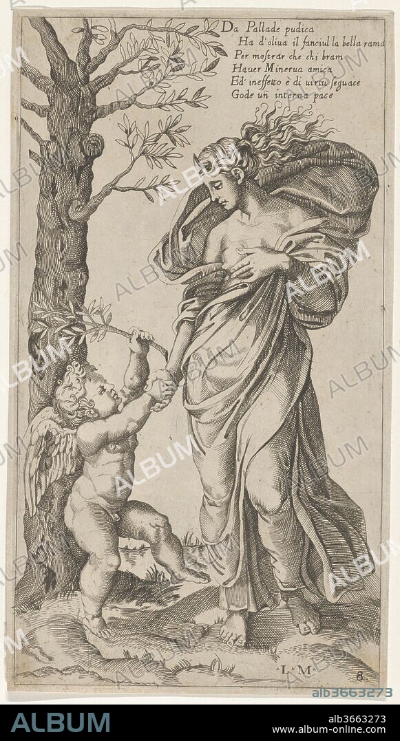 An allegory of Peace; Peace personified as a woman standing in a landscape  holding the left hand of a winged genius. Artist: After Marcantonio Raimondi (Italian, Argini (?) ca. 1480-before 1534 Bologna (?)). Dimensions: Sheet: 8 11/16 × 4 7/8 in. (22 × 12.4 cm). Engraver: Lorenzo de Musi (Italian, active Venice, ca. 1535). Date: 1530-40.