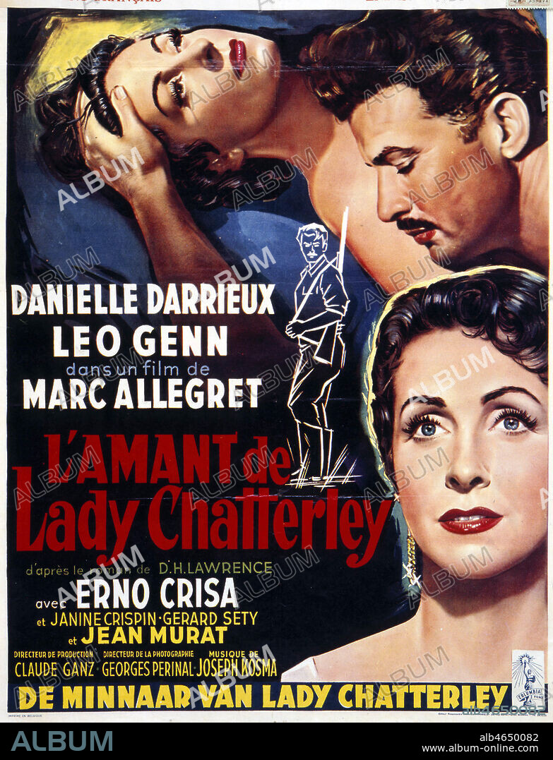Affiche belge du film 'L'Amant de Lady Chatterley', realise par Marc Allegret d'apres le roman de D. H. Lawrence, avec Danielle Darrieux et Leo Genn, 1955. Credit : Collection KHARBINE-TAPABOR.