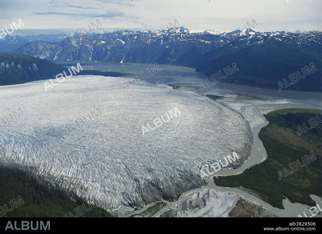 Taku Glacier and the Taku Inlet near Juneau, Alaska, as seen from a seaplane tour.