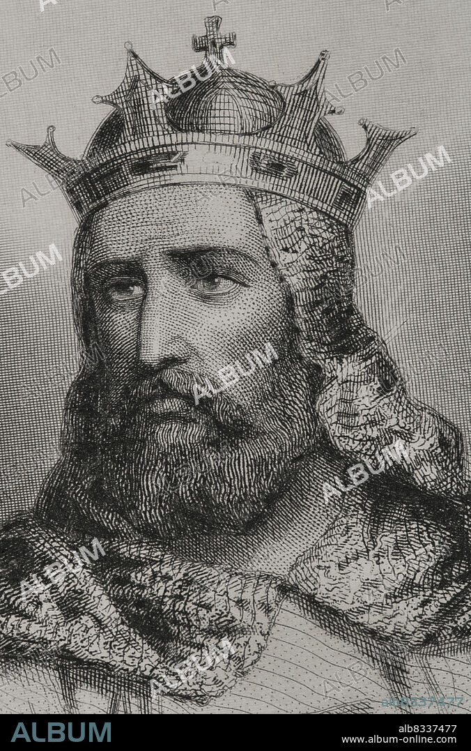 CHARLES GEOFFROY (1819-1882). FRENCH ENGRAVER.. Godofredo de Bouillón (1060-1100). Líder militar durante la Primera Cruzada. Primer gobernante del Reino de Jerusalén (1099-1100), eligiendo para su mandato el título de "Defensor del Santo Sepulcro". Retrato. Grabado por Geoffroy. Detalle. Historia Universal, por César Cantú. Tomo III, 1855.