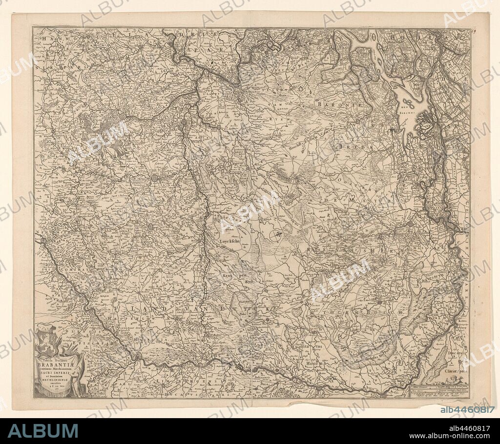 Map of the Duchy of Brabant, Tabula ducatus Brabantiae continens marchionatum sacri imperii and dominium Mechliniense (title on object), Map of Brabant. The north top right, compass rose in the middle. Bottom left cartouche with title, coat of arms, weapons, draperies and putto. Bottom right scale in German miles and Urengaans 'controlling 3 German Miles', maps of separate countries or regions, Brabant, Frederik de Wit, Amsterdam, 1666, paper, engraving, h 49.5 cm × w 54.7 cm.