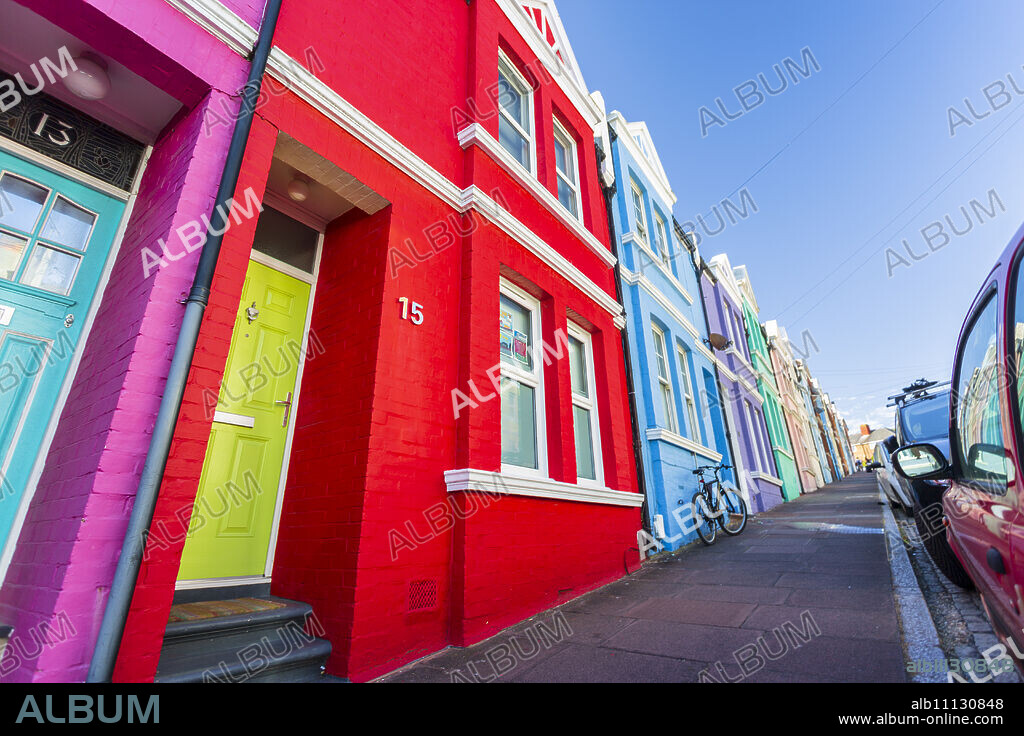 Colourful houses on Baker Street, Brighton, East Sussex, England, United Kingdom, Europe.