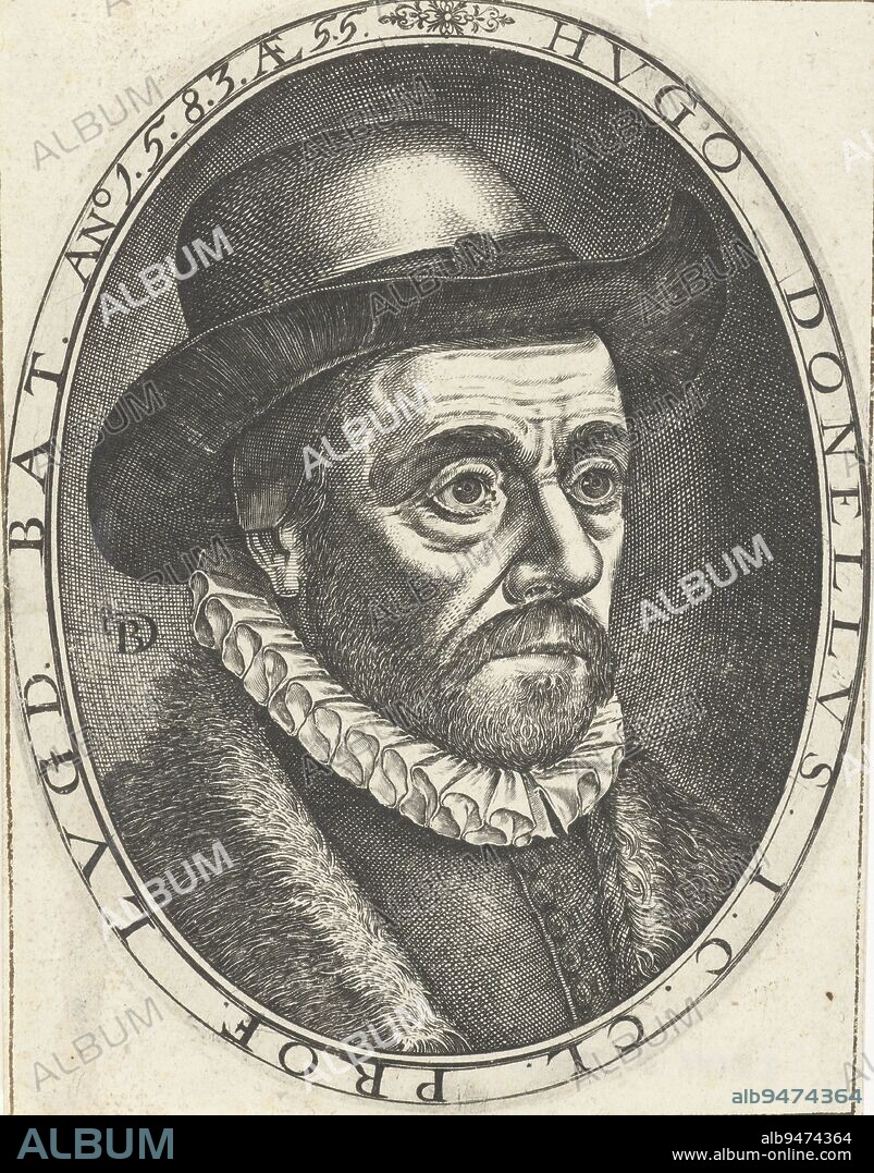 Portrait of Hugo Donellus, Bartholomeus Willemsz. Dolendo, in or after 1583, print maker: Bartholomeus Willemsz. Dolendo, (mentioned on object), Leiden, in or after 1583, paper, engraving, h 132 mm × w 100 mm.