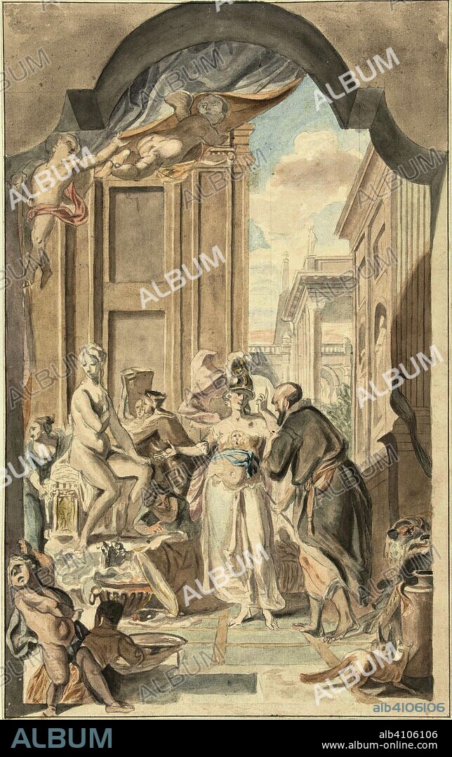Pallas Athene in the workshop of Prometheus. Draughtsman: Jurriaan Andriessen. After Jacques Ignatius de Roore. Dating: 1752 - 1819. Measurements: h 404 mm × w 252 mm.