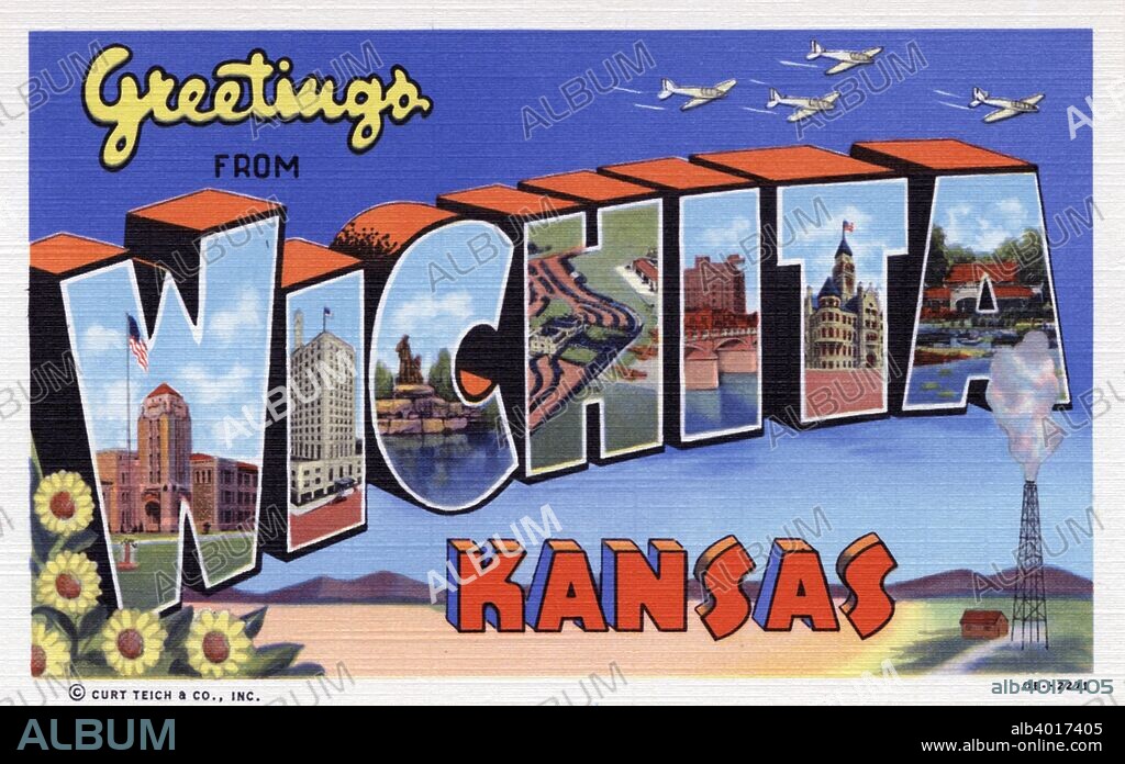 'Greetings from Wichita, Kansas', postcard, 1940. Large letter postcard showing views of the city in each letter.