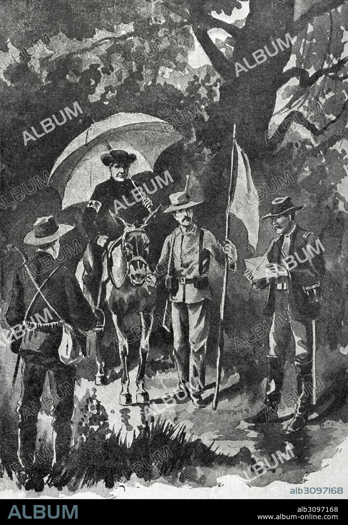 Spanish-American War, between Spain and the USA in 1898, due to the US intervention in the Cuban War of Independence. The first flag of truce after the battle of El Caney (Cuba). White flag in the Yankee lines. Engraving. " La Ilustracio_n Iberi_ca", 1898.