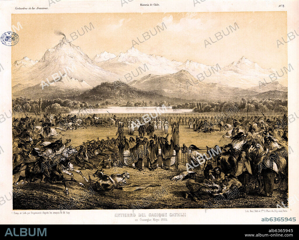 CLAUDIO GAY. ENTIERRO DEL CACIQUE CATHIJI EN ATLAS DE LA HISTORIA FISICA Y POLITICA DE CHILE, 1854.