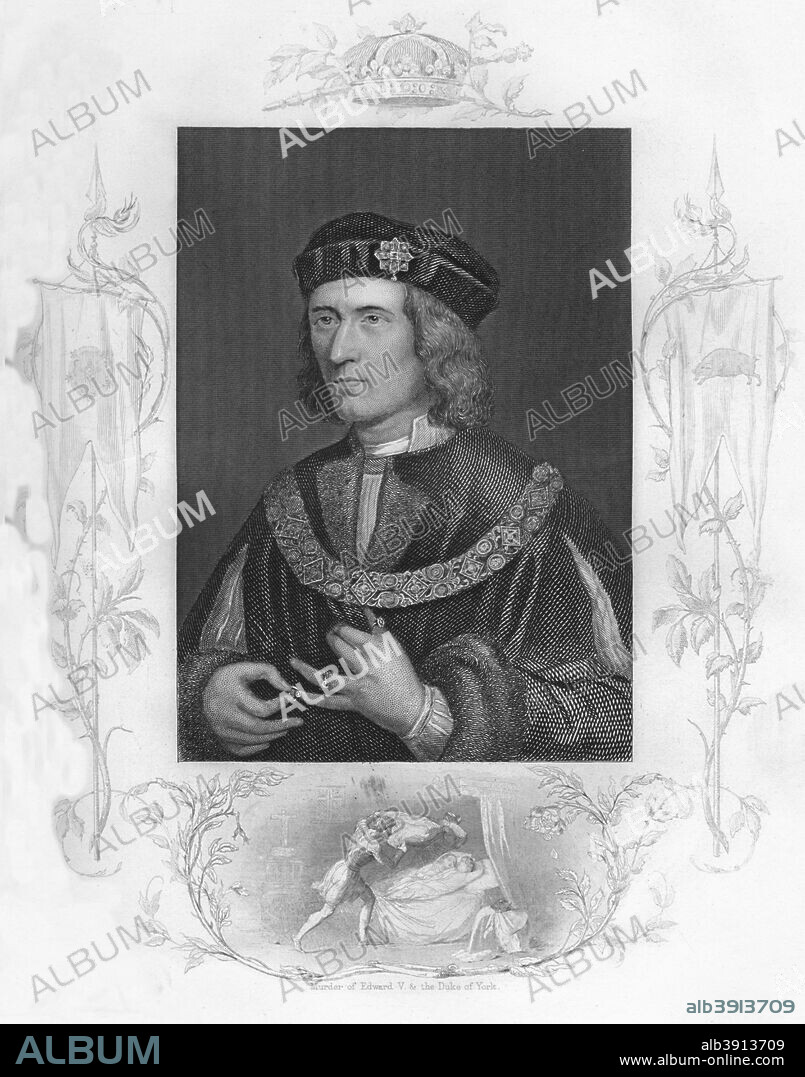 'Richard III', 1859.  King of England from 1483 until his death in 1485, at the age of 32. He was the last king of the House of York and the last of the Plantagenet dynasty. His defeat at Bosworth Field, the last decisive battle of the Wars of the Roses, marked the end of the Middle Ages in England. After a painting at the National Portrait Gallery by an unknown artist. From The History of England Div VIII by David Hume & Tobias Smollett. [Virtue & Co., London, 1859].