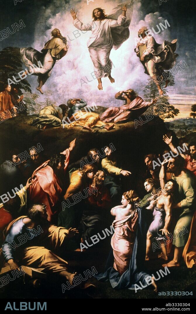 The Transfiguration. 1516-1520; tempera painting on wood, by the Italian High Renaissance artist (Raphael), Raffaello Sanzio da Urbino (1483-1520). The Transfiguration is the last painting by the Italian High Renaissance master Raphael. Commissioned by Cardinal Giulio de Medici, the later Pope Clement VII (1523-1534) and conceived as an altarpiece for the Narbonne Cathedral in France, Raphael worked on it until his death.