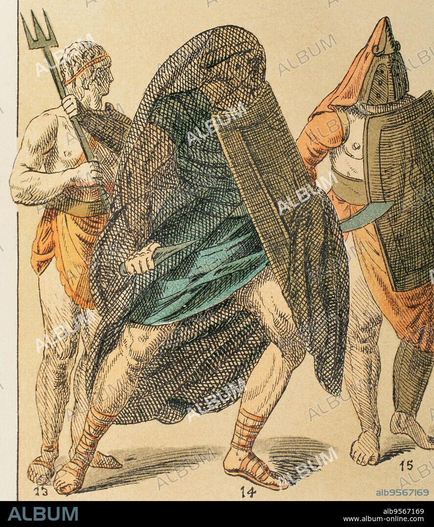 Roman Empire. Gladiators. From left to right: 13- gladiator armed with trident, 14- gladiator carrying shield and net, 15- gladiator carrying scythe, helmet and shield. Chromolithography. "Historia Universal", by César Cantú. Volume II, 1881.