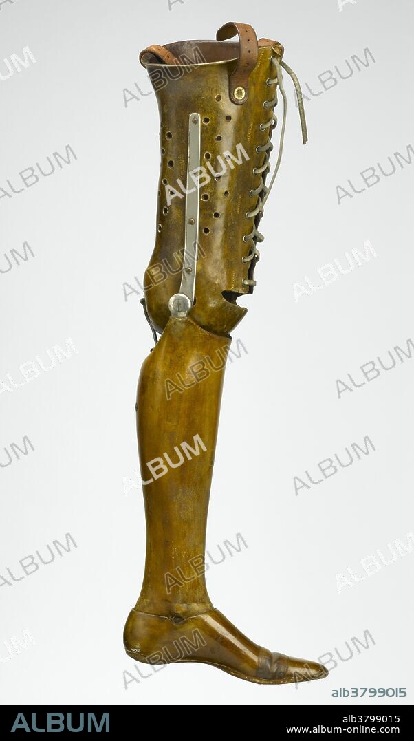 Artificial left leg, London, England, 1861-1920. Someone who had their left leg amputated on the knee joint used this artificial leg. The leather corset secures the prosthesis to the thigh. It is perforated so the wearer will not get too hot. Inside the calf is a v-shaped metal bar attached to a spring. This prevents the wearer falling forward yet allows them to walk with comfort. The ankle and knee joints are lockable. The toes are made of flexible leather. William Robert Grossmith's company made this limb.