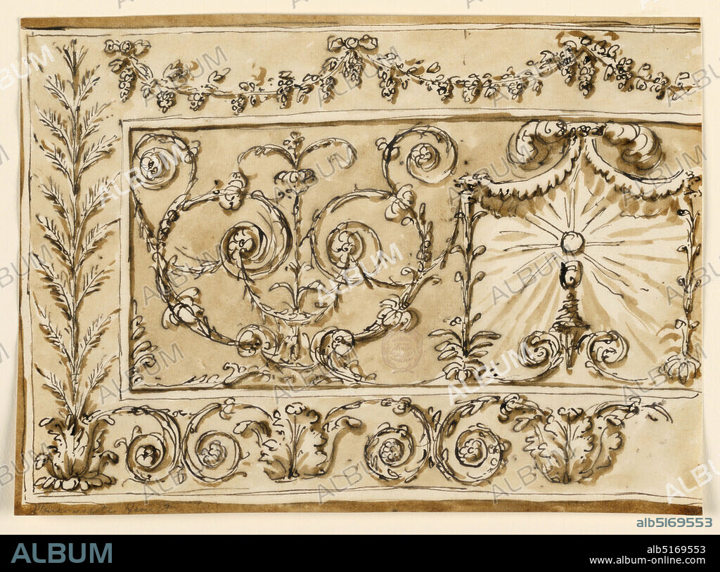 Embroidered frontal, Pen and brown ink, brush and brown wash, Horizontal rectangle. Somewhat more than the left half is shown. The central panel is framed by wide borders, with vine festoons above, sheaves rising from a calix at left, scrolls springing from calixes below. In the center is a pavilion of a kind, with the Host above the chalice, in a glory. Laterally is a rinceau palmette., Italy, 17801790, embroidery & stitching, Drawing, Drawing.