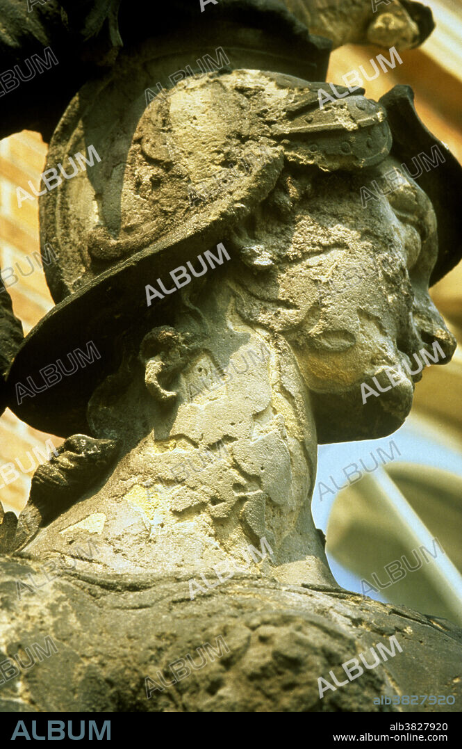 Weathering of a marble statue by atmospheric pollution and acid rain, Potsdam, Germany.