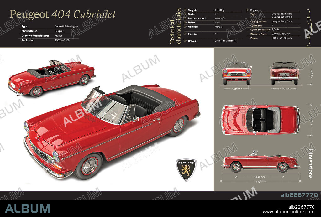 Peugeot 404 Cabriolet. Infografía del turismo descapotable francés Peugeot 404 Cabriolet (1963), de sus dimensiones, características técnicas y motor.