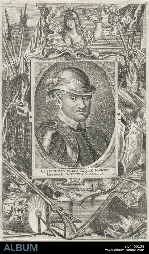 Portrait of Giovan Luigi Vitelli, Portrait of Giovan Luigi 'Chiappino' Vitelli, Marquis of Cetona and General in the Spanish Army of Flanders. Around the portrait a list with various weapons and army attributes, at the top Minerva with laurel wreath. Portrait on the upper right marked: fol. 324. Printed from two plates, weapons, Giovan Luigi Vitelli, Arnold Loemans, 1632 - 1661, paper, engraving, h 130 mm × w 92 mm × h 272 mm × w 166 mm.