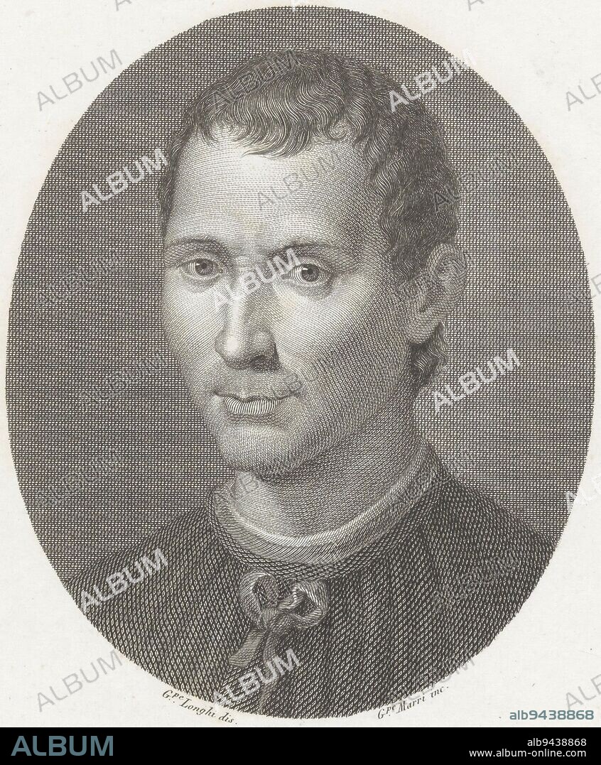 Portrait of Niccolo Machiavelli Portraits of famous Italians in ovals , print maker: Giuseppe Marri, (mentioned on object), intermediary draughtsman: Giuseppe Longhi, (mentioned on object), after: Santi di Tito, (mentioned on object), Italy, 1798 - 1852, paper, engraving, h 330 mm, w 241 mm.