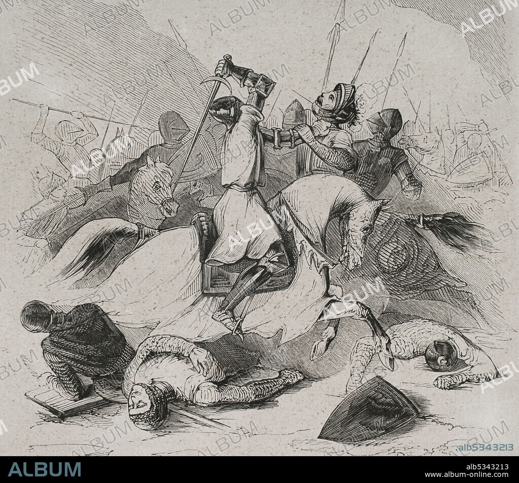 Historia de España. Guerra de los dos Pedros (1356-1375). Batalla de Araviana (22 de septiembre de 1359). Combate que tuvo lugar en las proximidades del río Araviana, cerca de la localidad de Agreda (provincia de Soria). Las tropas de rey castellano Pedro I el Cruel fueron derrotadas por las del rey aragonés Pedro IV. Grabado. Las Glorias Nacionales. Tomo IV. Edición Madrid-Barcelona, 1853.