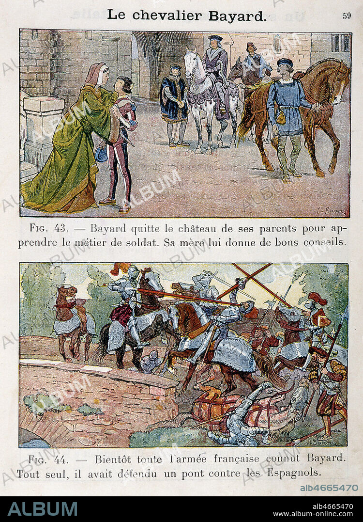 Le chevalier BAYARD (1476-1524). Il quitte le chateau de ses parents pour apprendre le metier de soldat. Sa mere lui donne de bons conseils. Bientôt toute l'armee francaise connut BAYARD. Il defendit seul un pont contre les espagnols. Illstrations de J.L. BEUZON pour Histoire de France par A.AYMARD. Credit : Coll. Jonas/KHARBINE-TAPABOR.