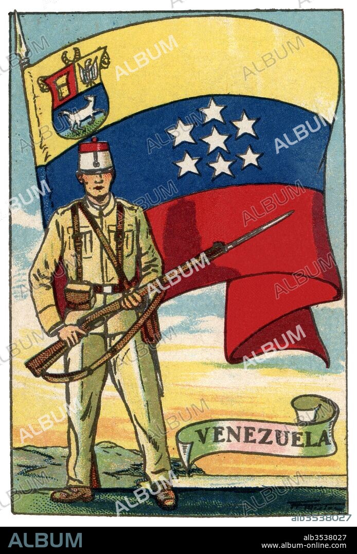 ALBERT MESTRE MORAGAS. Bandera de Venezuela y soldado de infantería. Colección de cromos Banderas del Universo. Años 1920.