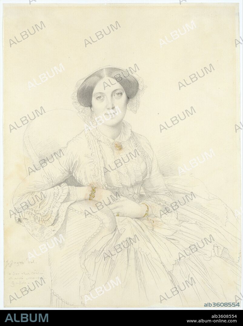 Madame Félix Gallois. Artist: Jean Auguste Dominique Ingres (French, Montauban 1780-1867 Paris). Dimensions: Sheet: 13 5/8 x 10 9/16 in.  (34.6 x 26.8 cm). Date: 1852.
Ingres made portraits of his contemporaries all his life. Whether working in oil on canvas or graphite on paper, he brought painstaking concentration to the task, creating likenesses of stunning verisimilitude. Nathalie Gallois was a cousin of Ingres's second wife Delphine Ramel, whom he married in 1852. With customary ease and the touch of a pencil, Ingres presents his bourgeois relative with patrician finery, detailing the folds and ruffles of her elegant dress. Sparing no adornments, Ingres has highlighted Nathalie's jewelry in gold paint and traced the lacey hair ornament with meticulous precision. The sitter's porcelain skin and comely expression made the drawing a perfect gift for Monsieur Gallois, as detailed in the artist's affectionate inscription.