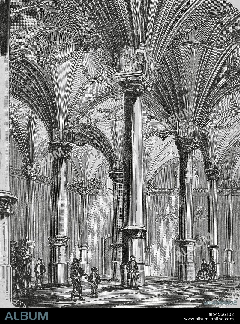 España. Aragón. Zaragoza. Lonja, de estilo renacentista, siglo XVI. Vista del interior con sus bóvedas de crucería estrellada. Dibujo por Letre. Grabado por Tomás Carlos Capuz. Crónica General de España, Historia Ilustrada y Descriptiva de sus Provincias. Aragón, 1866. Biblioteca Histórico Militar de Barcelona, Cataluña, España.