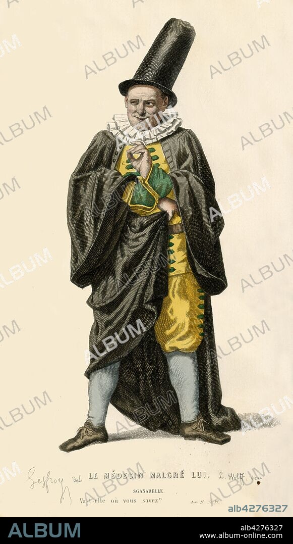L WOLFF. Sganarelle, 1868. The character of Sganarelle in "Le Médecin malgré lui" (in English: The doctor/physician in spite of himself), a farce by Jean Baptiste de Molière, first staged in 1666. From "Oeuvres Complètes De Molière", (Complete Works of Molière), with an introduction by Jules Janin. [F. de P. Mellado, Paris, 1868].