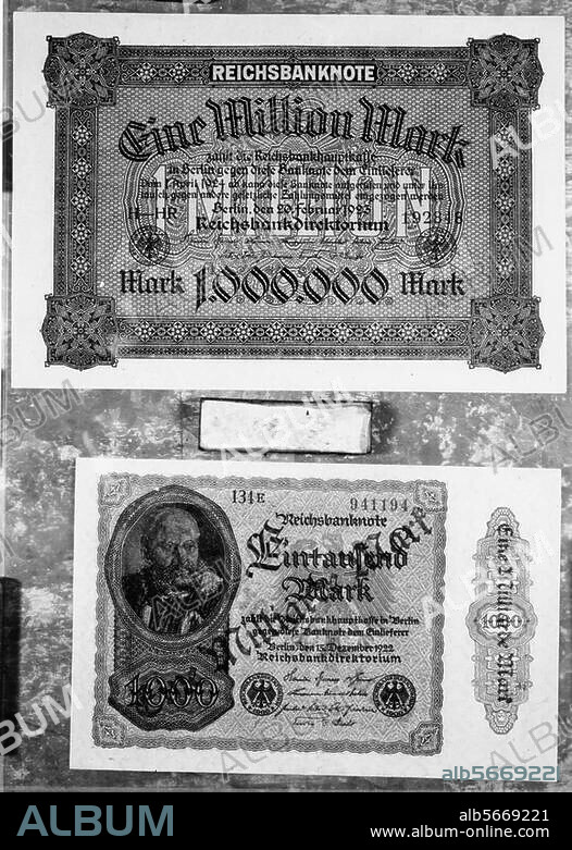 Inflation 1922/23. Inflationsgeld aus den Jahr 1923. Reichsbanknote 1.000.000 Mark und eine Reichsbanknote 1.000 Mark, überstempelt mit dem Aufdruck "Eine Milliarde Mark". Banknote.