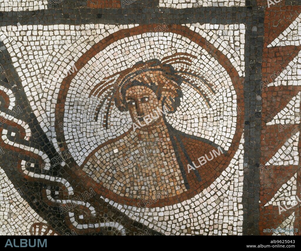 Mosaic floor, Lullingstone Roman Villa, Eynsford, Kent, c1980-c2017. Detail showing a figure representing Summer wearing a garland of corn. The villa was built around AD100 and discovered in 1939.