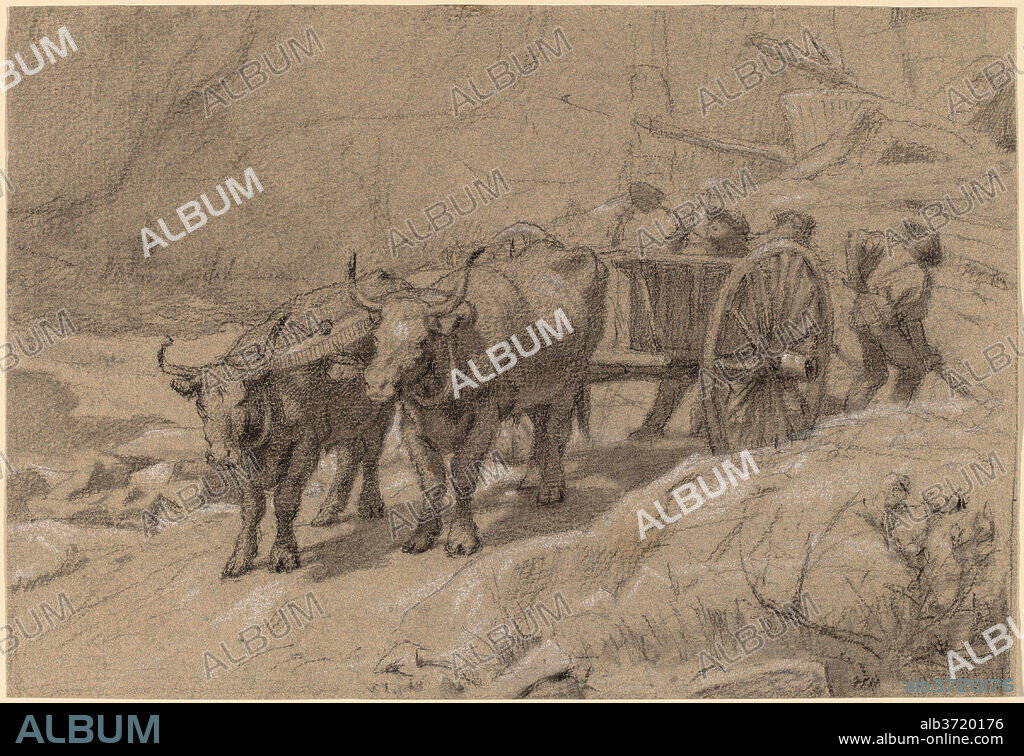 EDWIN FORBES. Oxen and Dump Cart. Dated: 1860s or 1870s. Dimensions: sheet: 17.1 × 24.9 cm (6 3/4 × 9 13/16 in.). Medium: graphite and black crayon with white chalk on  gray wove paper.