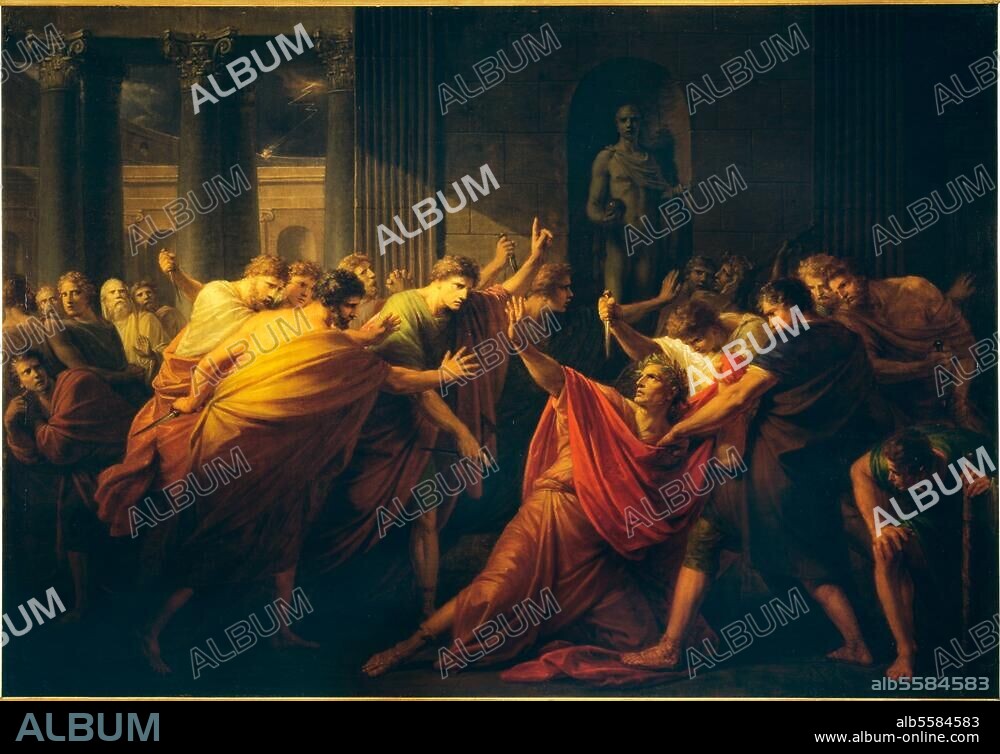 Jules César, général et homme d'État romain ; 100-44 av. J.-C. "L'Assassinat de Jules César". (15 mars 44). Peinture de Friedrich Heinrich Füger. (1751-1818). Huile sur toile. H. 1,55 ; L. 2,21. Inv. Nr. 18.749, Vienne, Wien Museum.